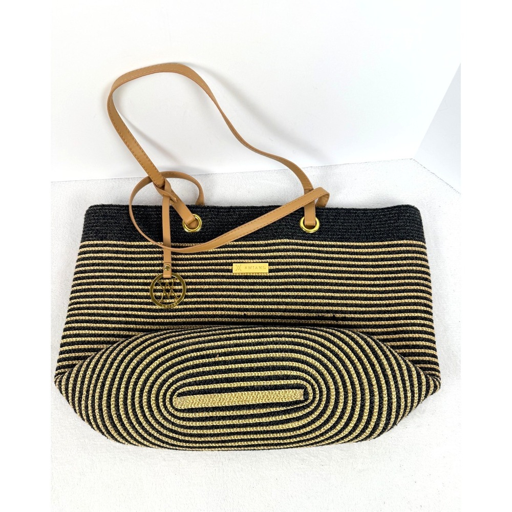 AMIANI Woven Straw Tote Bag Black Tan Striped Beach Shoulder Handbag Large